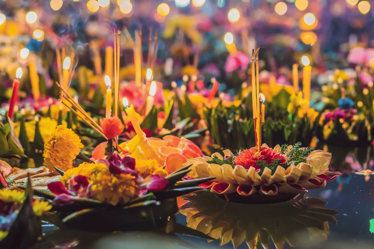 Handmade krathong made of banana leaves and fresh flowers in Chiang Mai