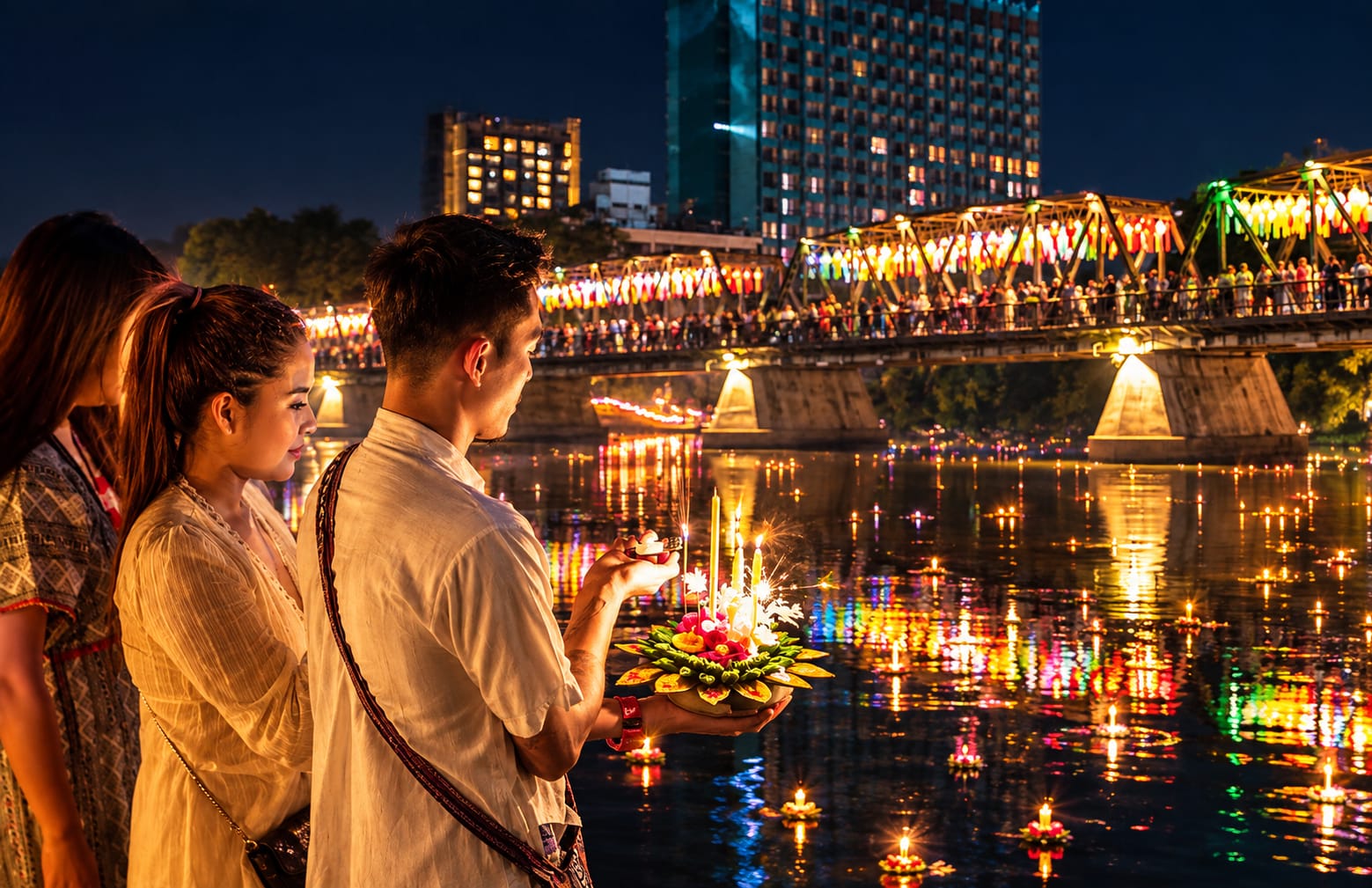 People lighting a krathong beside the Ping River with the lantern-lit Iron Bridge in Chiang Mai