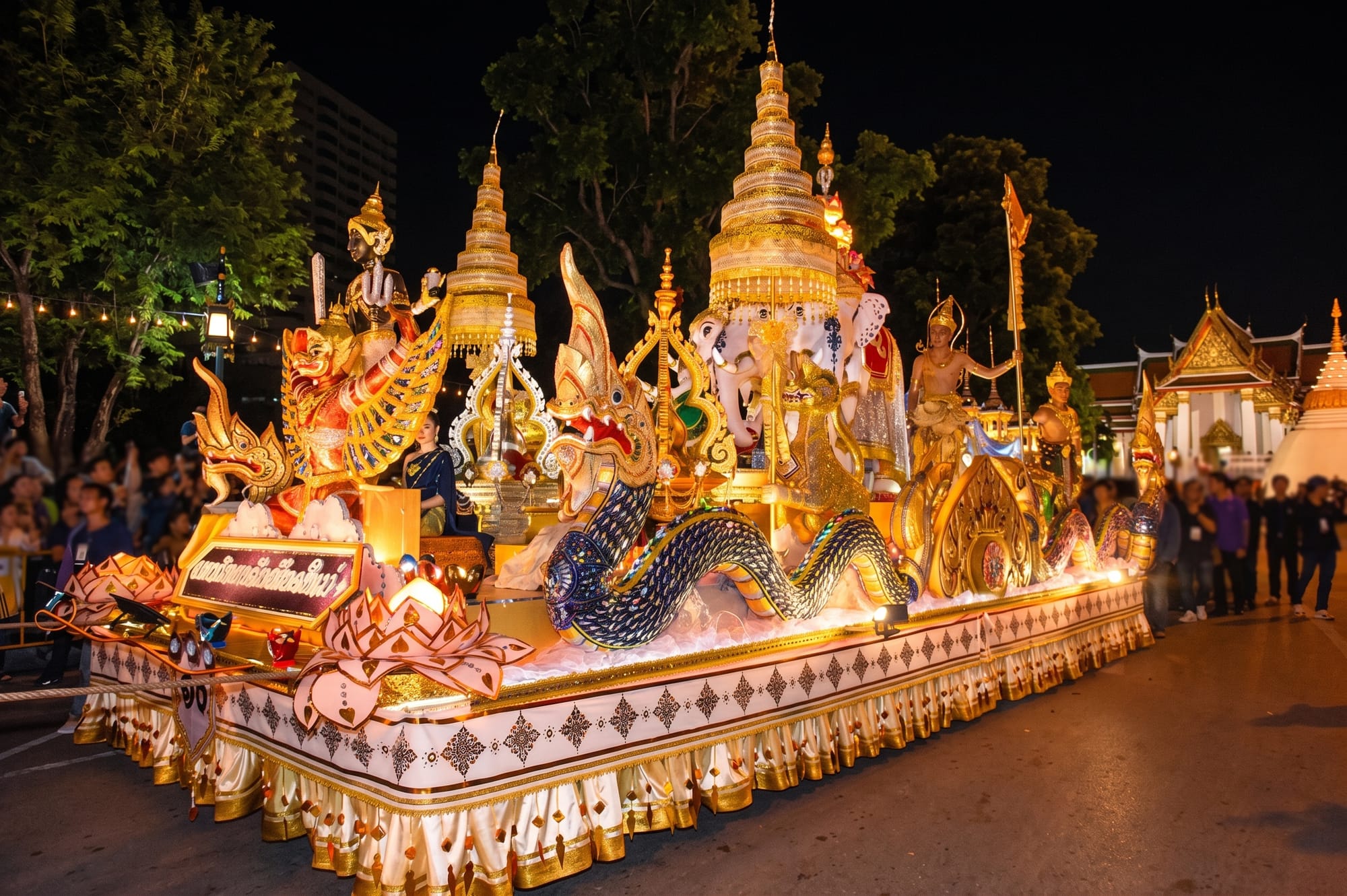 Giant decorated krathong float in the parade leaving Tha Phae Gate in Chiang Mai