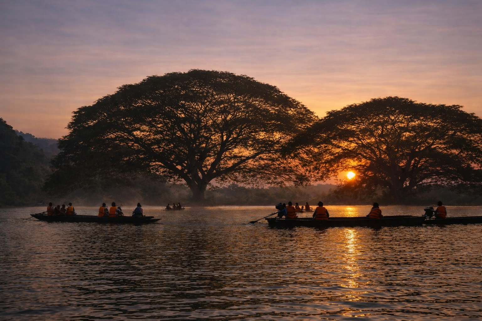 Boat approaching the rain tree in the middle of the lake
